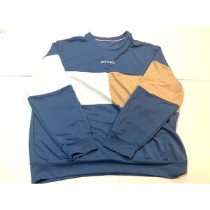 Simple Color Block Tracksuit Men's 2XL Long Sleeve Baggy Crewneck Pullover Blue